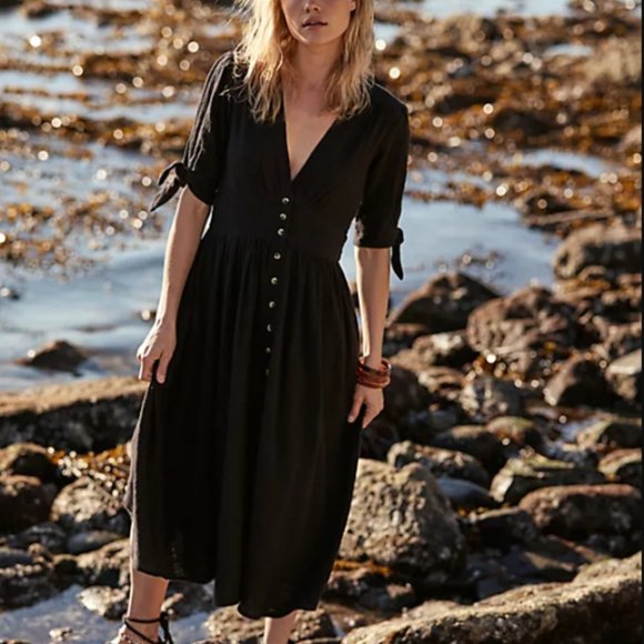 Free People Dresses & Skirts - Free People Black Love of My Life Button-Up Midi Dress - Size M NWT